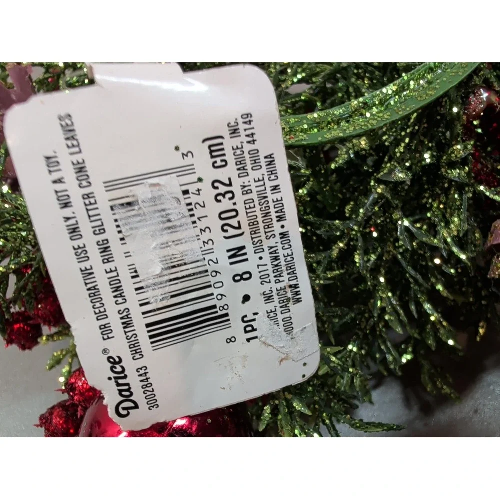 Darice Christmas Candle Ring 8in Glitter Greenery Red Berries Ornaments 30028443